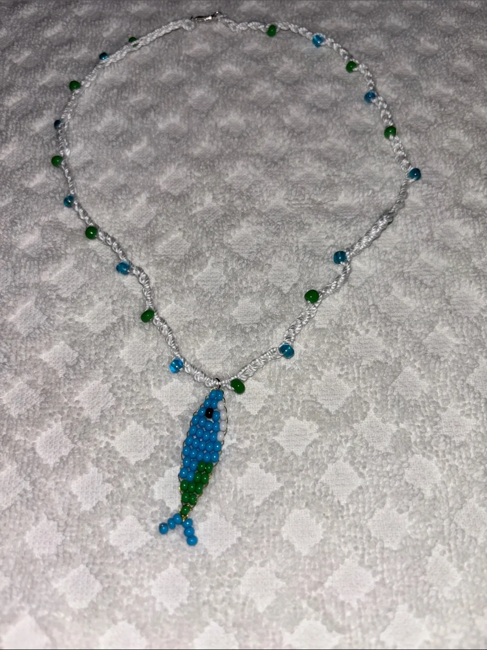 Handmade Blue & Green Beaded Fish Pendant Necklace - Unbranded